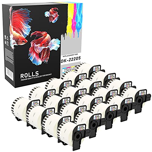 20 Rollen DK-22205 62mm x 30.48m Endlos-Etiketten kompatibel für P-Touch QL-500 QL-550 QL-560 QL-570 QL-580N QL-700 QL-720NW QL-800 QL-810W QL-820NWB QL-1050 QL-1060N QL-1100 QL-1110NWB von PRESTIGE CARTRIDGE