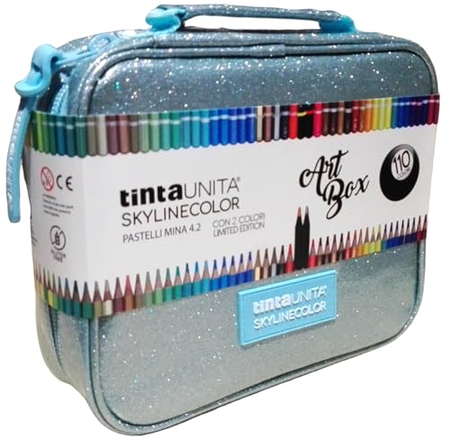 Koffer Art Box Skylinecolor blaugrün Glitter mit Holzstiften MINA 4.2 – 110 Farben mit 2 Farben Limited Edition by Pool Over mit 6 Stiften in 1 Pailletten von PRESTIGE & DELUXE