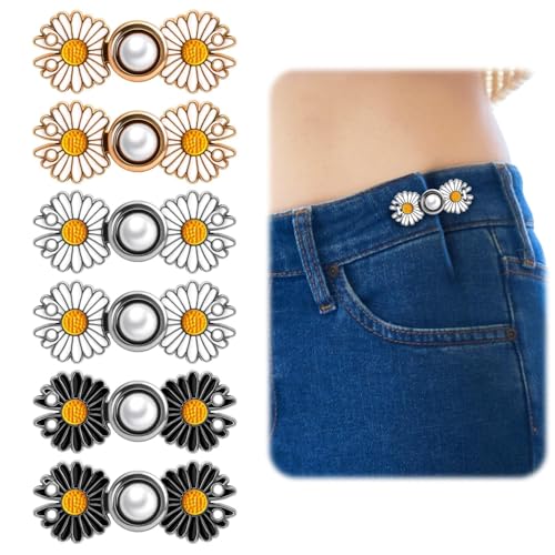 6 Stück Verstellbare Taillenknöpfe, Jeansknöpfe Ohne Nähen in Gänseblümchen Design, Robuste Legierung, Schnellbefestigung für Lose Jeans, Röcke und Mehr - Daisy Blumen Hosenbund Enger Machen Clips von PRETTI