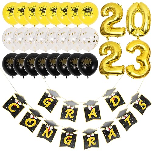 PRETYZOOM 2023 Abschlussfeier Deko Set Congrats Grad Banner Mit Aluminiumfolie Und 24 Luftballons 8 8 8 Goldglitzer Für Ihre Abschlussfeier von PRETYZOOM