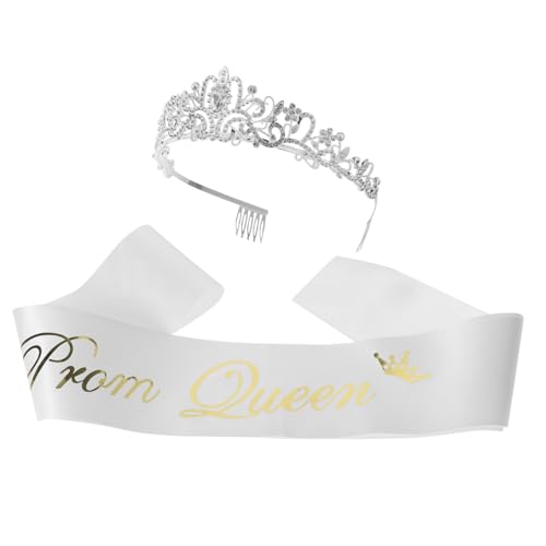 PRETYZOOM Stirnband-set Krone Satin Schultergurt für Abschlussball Abschlussfeier Hochzeit Foto-requisiten Weiß von PRETYZOOM