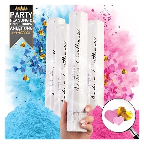 PrimePure Gender Reveal Konfettikanone – Biologisch abbaubares Pulver und Herzförmige Konfetti-Party-Poppers – Blau oder Rosa 4er-Pack – Baby-Konfettibombe für Baby Jungen oder Mädchen von PRIMEPURE