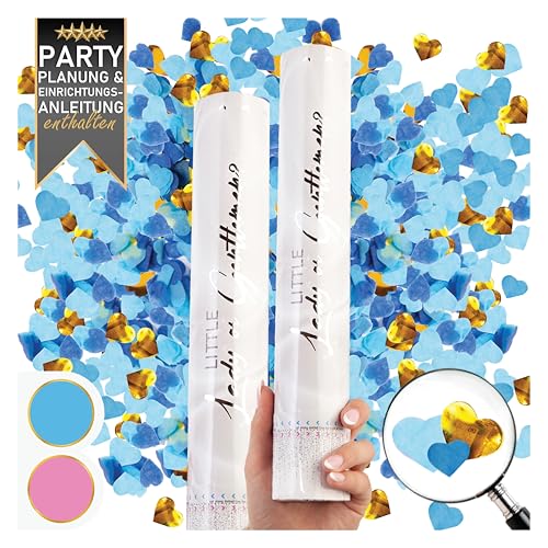 PrimePure Gender Reveal Konfettikanone – Herzförmige Konfetti-Party-Poppers – Blau 2er Pack – Konfettibombe für Babys Jungen Enthüllung des Geschlecht von PRIMEPURE