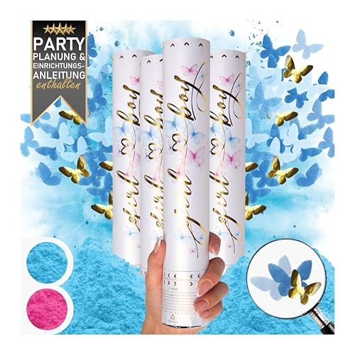 PrimePure Geschlechterenthüllung Konfetti Kanone - Biologisch abbaubares Pulver & Schmetterlingsförmige Konfetti Popper - Blau 4er Pack - Baby Junge Geschlechterenthüllungs Rauchbomben Party Popper von PRIMEPURE