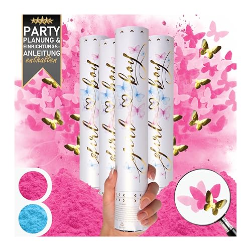 PrimePure Geschlechterenthüllung Konfetti Kanone - Biologisch abbaubares Pulver & Schmetterlingsförmige Konfetti Popper - Pink 4er Pack - Baby Mädchen Geschlechterenthüllungs Rauchbomben Party Popper von PRIMEPURE