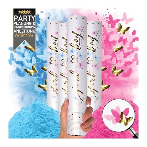 PrimePure Geschlechtsenthüllung Konfetti-Kanone - Party-Popper in Schmetterlingsform - Blau oder Rosa 4er Pack – Gender Reveal Konfettibombe für Baby Jungen oder Mädchen von PRIMEPURE