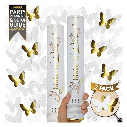 PrimePure Konfetti Kanone - Weißes und Goldenes in Schmetterlingsform Konfettikanone – 2er Pack – Party Shooter-Pistole für Hochzeit, Geburtstage, Feiern von PRIMEPURE