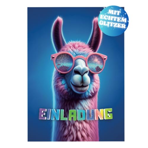 PRINTNOVIA GLITZER Lama Einladungskarten (12 Stück) für Kindergeburtstag & Party - Coole Einladungen für Festlichkeiten - Perfektes Einladungsset mit Glitzereffekt von PRINTNOVIA