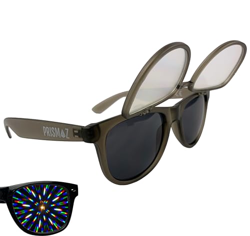 PRISMAZ Hochklappbare Beugungsbrille Für Fantastische Regenbogen Kaleidoskop Effekte - Als Festival Rave Feuerwerk Party Accessoire (Matt Transparent Grau (Beugungsgläser Oben)) von PRISMAZ