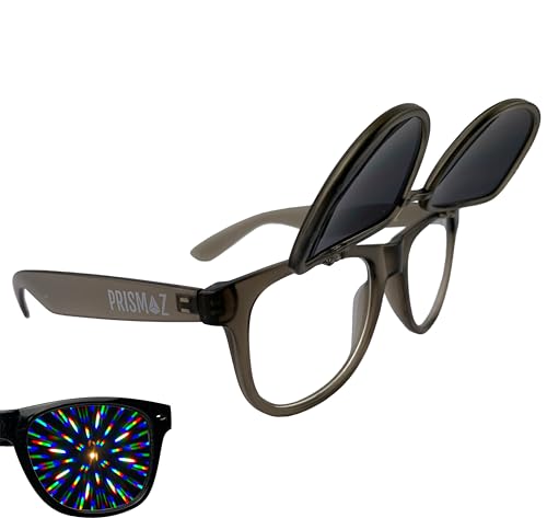 PRISMAZ Hochklappbare Beugungsbrille Für Fantastische Regenbogen Kaleidoskop Effekte - Als Festival Rave Feuerwerk Party Accessoire (Matt Transparent Grau (Sonnenbrille Oben)) von PRISMAZ