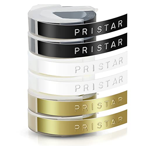 Pristar kompatibel Omega Etikettenband Ersatz für Dymo Prägeband 3D Kunststoff 9mm x 3m für Dymo Omega Junior Etikettenprägegerät Vinyl-Prägeetiketten, Weiß auf Schwarz/Transparen/Gold Selbstklebend von Pristar