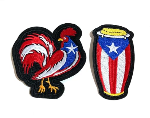 Puerto Rico Flag Patches Combo - Congo Drum and Puerto Rican Rooster Iron on Patches - Stylish Clothing Accessories for Boricua Pride von PRK 14