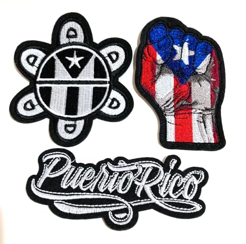 Puerto Rico-Flaggenaufnäher, 3-teiliges Kombi-Set, Motiv: Taino-Sonne, puertoricanische Faust und Puerto Rico-Flagge, bestickt, zum Aufbügeln oder Aufnähen, perfekt für Jacken, Hüte, Rucksäcke und von PRK 14