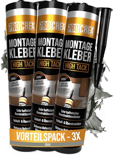 PROCREA® 3x Montagekleber "High Tack" grau [Kleben statt Bohren] Extra Starker Baukleber auf Basis von Acrylatdispersion - Turbo Sofortkleber für Sockel, Stuck, Styropor, Holz - Made In Germany von PROCREA