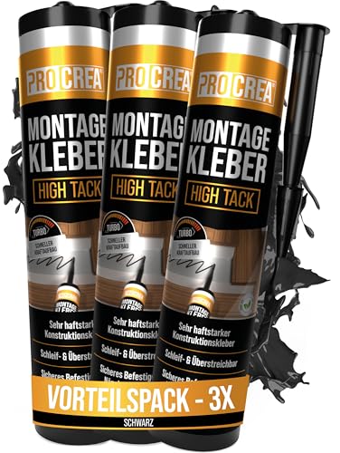 PROCREA® 3x Montagekleber "High Tack" schwarz [Kleben statt Bohren] Extra Starker Baukleber auf Basis von Acrylatdispersion - Turbo Sofortkleber für Sockel, Stuck, Styropor, Holz - Made In Germany von PROCREA