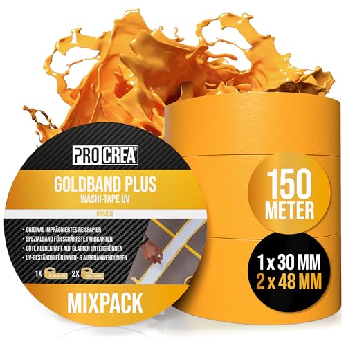 PROCREA® 3x Premium Goldband Klebeband UV [Mixpack 2x 48 mm + 1x 30 mm] Oranges Kreppband Malerband für innen & außen - Wasser- & Hitzebeständiges Abklebeband zum Streichen, Lackieren & Renovieren von PROCREA