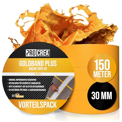 PROCREA® 3x Premium Goldband Klebeband UV [Vorteilspack 3x 30 mm] Oranges Kreppband Malerband für innen & außen - Wasser- & Hitzebeständiges Abklebeband zum Streichen, Lackieren und Renovieren von PROCREA