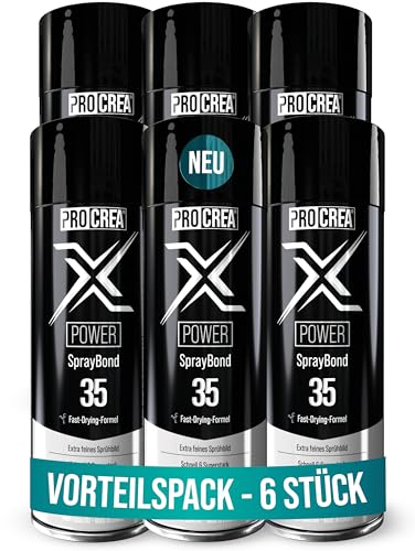 PROCREA® 6x Sprühkleber "X35 Power" extra stark [Transparent & Schnelltrocknend] Wasserfester & hitzebeständiger Industriekleber für Dachhimmel, Stoff, Schaumstoff, Filz uvm. - Profi-Qualität von PROCREA