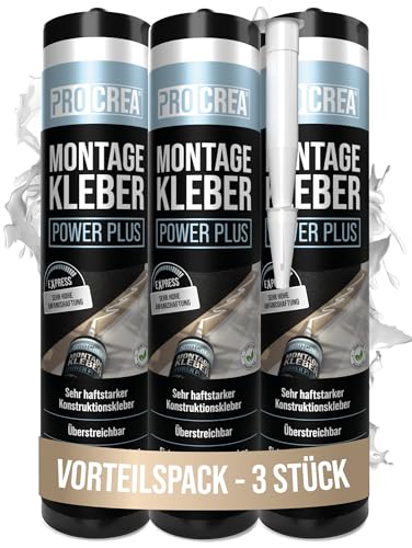 PROCREA® 3x Montagekleber "Power Plus" [Kleben statt Bohren] Haftstarker Baukleber auf Basis von Acrylatdispersion - Extra starker Sofortkleber für Sockel, Stuck, Styropor, Holz - Made In Germany von PROCREA