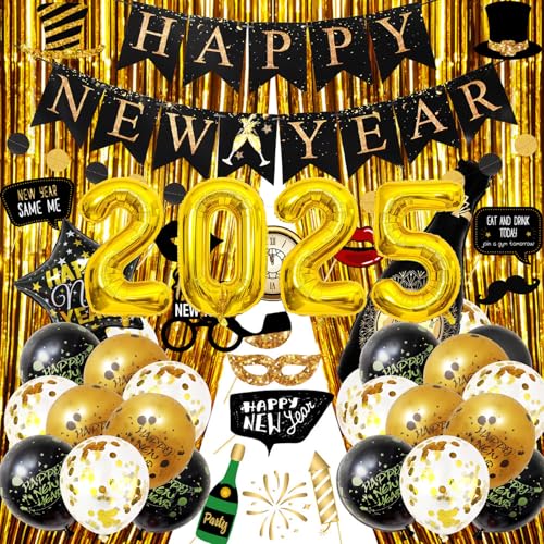 2025 Silvester Party Dekorationen, Frohes Neues Jahr Deko Party Supplies Schwarz Gold Zahlen, 2025 Folienballon Happy New Year Banner Fringe Vorhang Fotos Requisiten Latex Ballons von PRZRAO