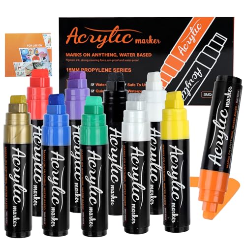 PRZRAO 10 Farben 15 mm Graffiti Stifte Set, Acrylmarker Breit, 3-in-1 Jumbo Kreidestifte Kreidemarker für Tafel Fenster Abwaschbar, Wasserfest Graffiti Stifte Acryl für Steine Holz Window, Glasstift von PRZRAO