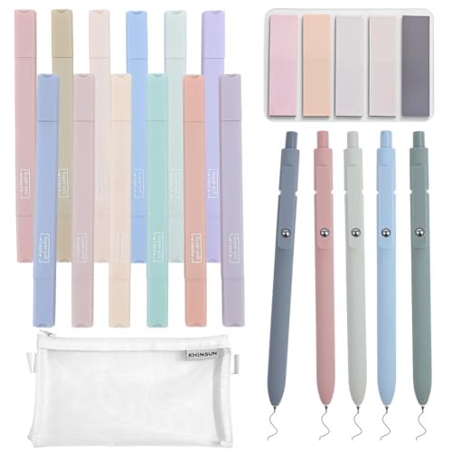 PRZRAO 17 Textmarker Pastell Set, 12 Dual Tips Textmarker mit 0,5mm Schwarzer Gelstifte, Stifte Aesthetic mit 5 Haftnotizen, 1 Federtasche, Schnelltrocknende Highlighter für Bibel Schule Bürobedarf von PRZRAO