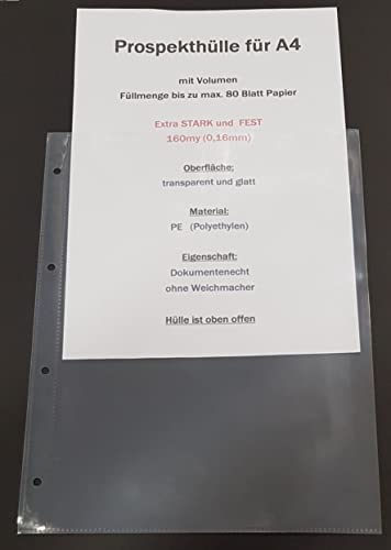50x A4 Prospekthülle mit Volumen, feste Ausführung, 160my (0,16mm) TRANSPARENT GLATT, Klarsichthülle mit Abheftrand, Öffnung oben, DOKUMENTENECHT, recycelbar, ohne Weichmacher von PS-Handelshaus