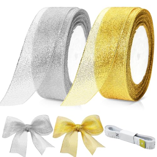 Glitzerband für Geschenkverpackungen, breites Geschenkband, glitzernde metallische Stoffbänder für Blumenstrauß, Hochzeitsballon, handgefertigte Schleife, Handwerk, Party-Dekoration (Silber, Gold), 50 von PSPIKXEG