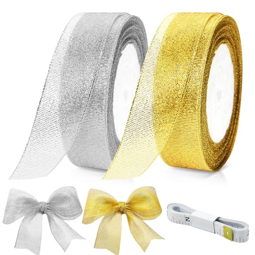 Glitzerband für Geschenkverpackungen, breites Geschenkband, glitzernde metallische Stoffbänder für Blumenstrauß, Hochzeitsballon, handgefertigte Schleife, Handwerk, Party-Dekoration (Silber, Gold), von PSPIKXEG