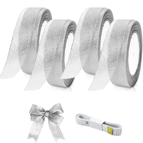 Silberfarbenes Glitzerband für Geschenkverpackungen, 3,8 cm, 91,4 m, 4 Rollen breites Geschenkband, glitzernde metallische Stoffbänder für Blumenstrauß, Hochzeitsballon, Geschenke, Party-Dekoration, von PSPIKXEG