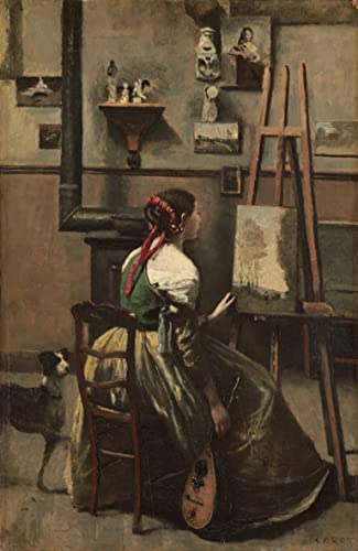 PSVDCTOO Gefeiert Wandbilder Kunst Poster Poster Bilder Corots Atelier: Frau sitzt vor einer Staffelei und hält eine Mandoline in der Hand von Jean Baptiste Camille Corot für Heimdekoration 60x90cm von PSVDCTOO