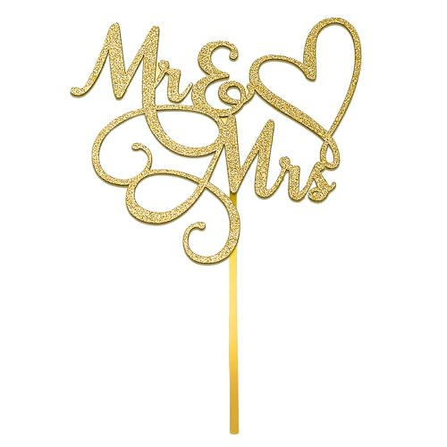 Mr & Mrs Cake Topper, 15,3 cm Gold Herz Hochzeit Verlobung Kuchenaufsatz, Brautparty Thema Happy Birthday Party Glitzernde Kuchendekorationen von PT Haahoos