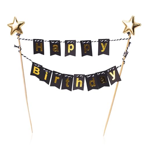 Happy Birthday Kuchen Topper, 20cm Schwarz "Happy Birthday" Kuchen Flagge Banner Tortenaufsatz, für Junge Mädchen Kind Happy Birthday Baby Dusche Party Backen Dekoration Lieferungen von PT Haahoos