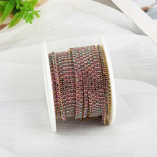 SS6 2 mm Aufnäher-Kristallopal-Strass-Cup-Kette, dichtes Glitzerglas, Nähen von Strass-Besatzkette für DIY-Bastelkleidung, Goldgrün, hell, SS6 (2 mm), 1 Yard von PTBMBZ