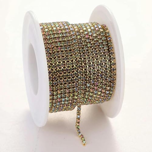 SS6 2 mm Aufnäher-Kristallopal-Strass-Cup-Kette, dichtes Glitzerglas, Strass-Besatzkette zum Nähen für DIY-Bastelkleidung, Gold-Regenbogen, SS6 (2 mm), 4,5 m von PTBMBZ