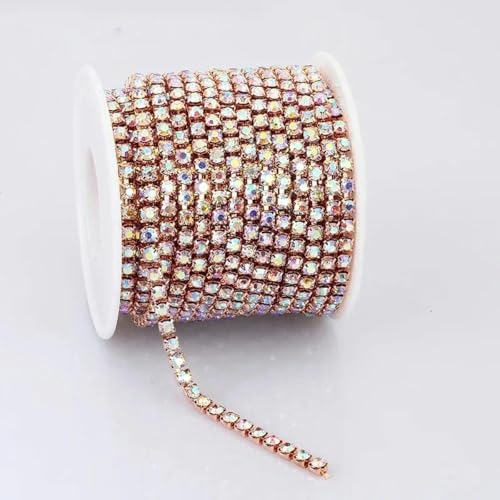 SS6-SS18 Kristall-Strass-Cup-Kette zum Aufnähen auf Glas-Strass-Besatzkette, zum Aufkleben auf bunte Kristall-Cup-Kette für Heimwerker-Roségold-Kristall AB-SS6-2 mm-10 Yards-Rolle von PTBMBZ