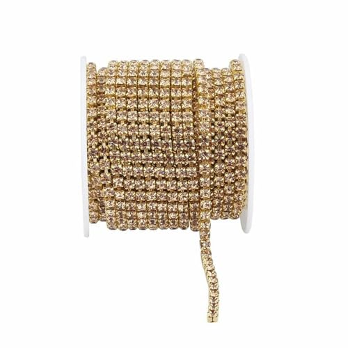 SS6-SS18 Kristall-Strass-Cup-Kette zum Aufnähen auf Glas-Strass-Besatzkette zum Aufkleben auf bunte Kristall-Cup-Kette für Heimwerker-Gold, Helltopas, SS12, 3 mm, 5 Yards, Packung von PTBMBZ