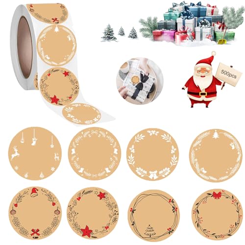 Aufkleber Weihnachten,500 Stk 4cm Rund Weihnachtsaufkleber, Kraftpapier Aufkleber Etiketten, Weihnachts Aufkleber Rolle,für DIY handgemachte Grußkarten,Bonbontüten, Geschenkverpackungen von PTBWS