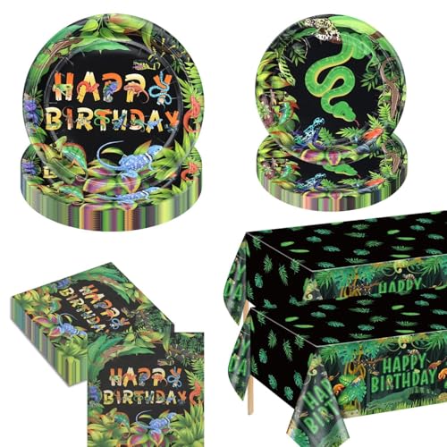 122Pcs Reptile Party Dekorationen Teller Reptile Geburtstag Party Dekorationen Teller Servietten Wildlife Tischdecke für Dschungel Safari Eidechse Sumpf Reptile Geburtstag Party Zubehör, servieren 40 von PTECDROTS