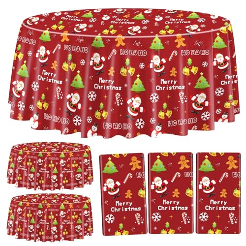 3Pcs Weihnachten Tischdecken Runde Weihnachten Tischdekorationen rot Xmas Thema Tischdecke für Winterurlaub Neujahr Weihnachten Party Supplies, 214cm von PTECDROTS