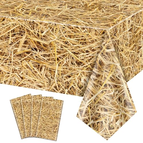 4 Stück Stroh Tischdecke rechteckig Stroh Tischdecke wasserdicht Bauernhof Tischdecke Heu Stacks für Bauernhof Party Dekorationen Cowboy Western Thema Party Supplies, 130x270cm von PTECDROTS