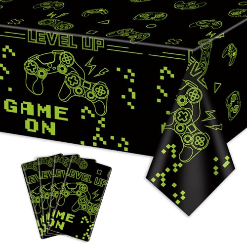 4Pcs Spiel auf Tischdecken, grüne Videospiel-Party-Tischabdeckungen, rechteckige Tischdekoration für Jungen Gamer Level Up Gaming Party Supplies, 270 x 130cm von PTECDROTS