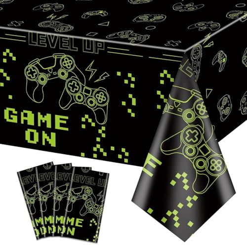 4Pcs Spiel auf Tischdecken, grüne Videospiel-Party-Tischabdeckungen, rechteckige Tischdekoration für Jungen Gamer Level Up Gaming Party Supplies, 270 x 130cm von PTECDROTS