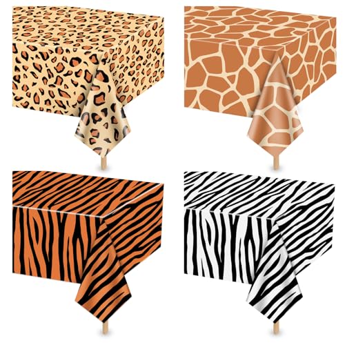 4Pcs Tier drucken Tischdecken, Dschungel Tier Thema Tischdecke, rechteckige Leopard Tiger Zebra Giraffe Dschungel Tischdecke für Zoo Safari Baby Duschen Dschungel Thema Geburtstag Dekorationen von PTECDROTS