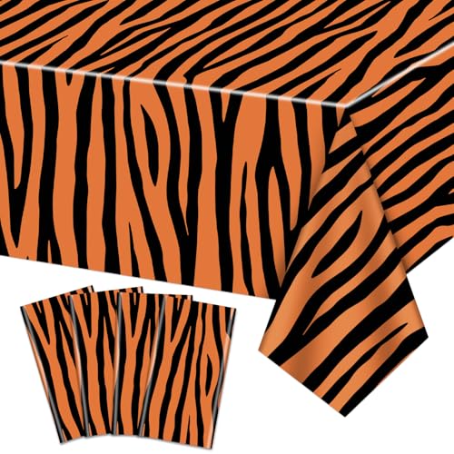 4Pcs Tiger Print Kunststoff-Tischdecke, rechteckige Safari Tier Tischdecken, Tiger gestreifte Tischdecke für Zoo Dschungel Safari Tiger Party Dekorationen, 120 x 220cm von PTECDROTS