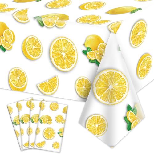 4Pcs Zitrone Party Tischtuch, gelbe Tischdecke Kunststoff, rechteckige Limonadenstand für Kinder Geburtstag Baby Dusche Sommer Obst Party, 130 x 220cm von PTECDROTS