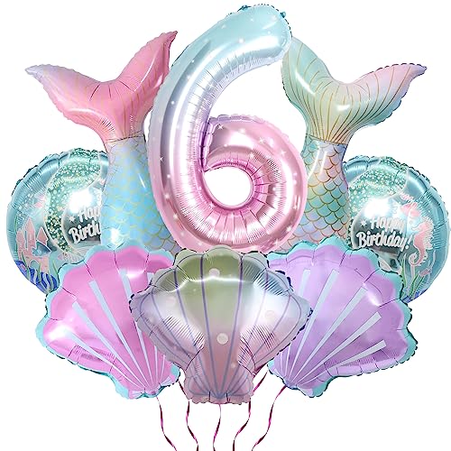 8Pcs Meerjungfrau Party Luftballons-Folie Nummer 6 Ballon, Meerjungfrau Schwanz Ballons, Muschel Ballons, Geburtstag Ballons für Kids'Mermaid 6. Geburtstag Unter dem Meer Meerjungfrau Party Supplies von PTECDROTS