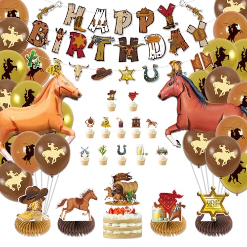 Cowboy Party Dekorationen - Cowboy Happy Birthday Banner, Cowboy Luftballons, Pferdeballons, Cupcake Toppers, Waben Centerpieces für Cowboy Geburtstag Dekorationen Zubehör von PTECDROTS