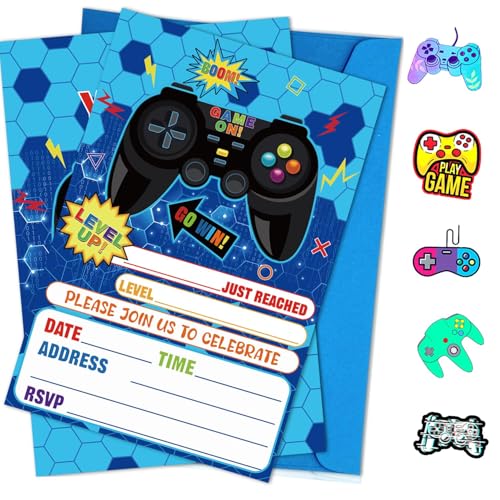 PTECDROTS 20Pcs Videospiel Einladungen Sets mit Umschlägen Gamer Stikers blau Spiel auf Party Einladungen für Jungen Geburtstag Party Spiele Party Supplies, 17 x 12cm von PTECDROTS