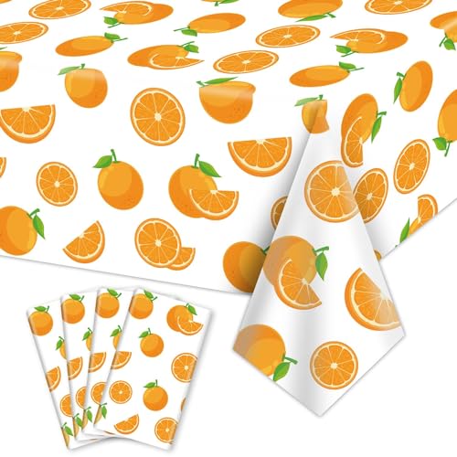 PTECDROTS 4Pcs Orange Party Tischtuch, Orange Tabelle deckt, rechteckige Orange Geburtstag Partyzubehör für Kinder Geburtstag Baby Dusche Sommer Obst Party, 130 x 220cm von PTECDROTS